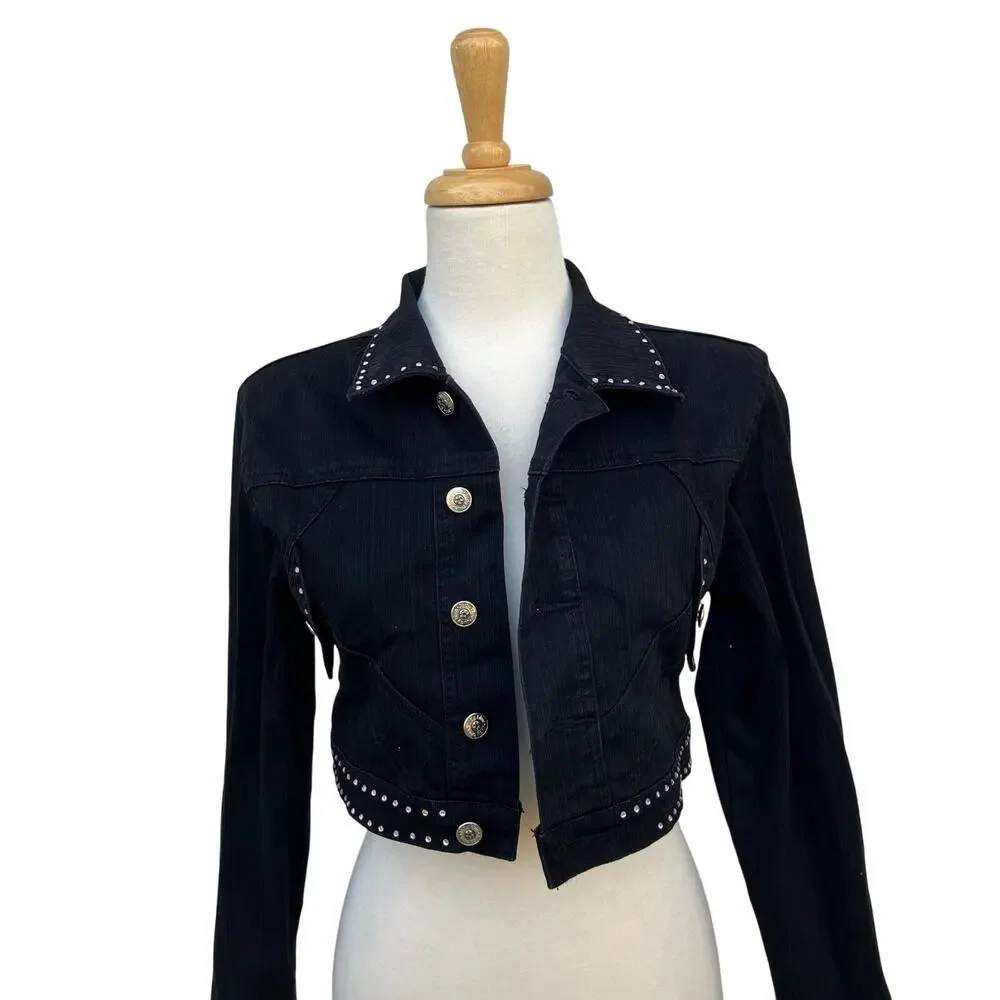 Judy Blue Denim Jacket XL 33” Black Rhinestone Cropped Stretch Western Cowgirl - Picture 8 of 11